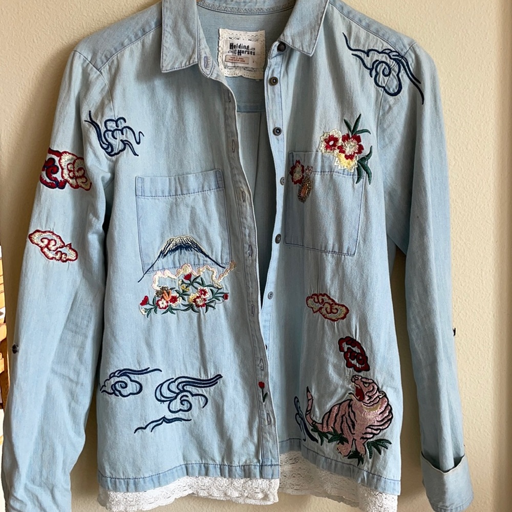 Anthropologie Embroidered Denim Button-up
